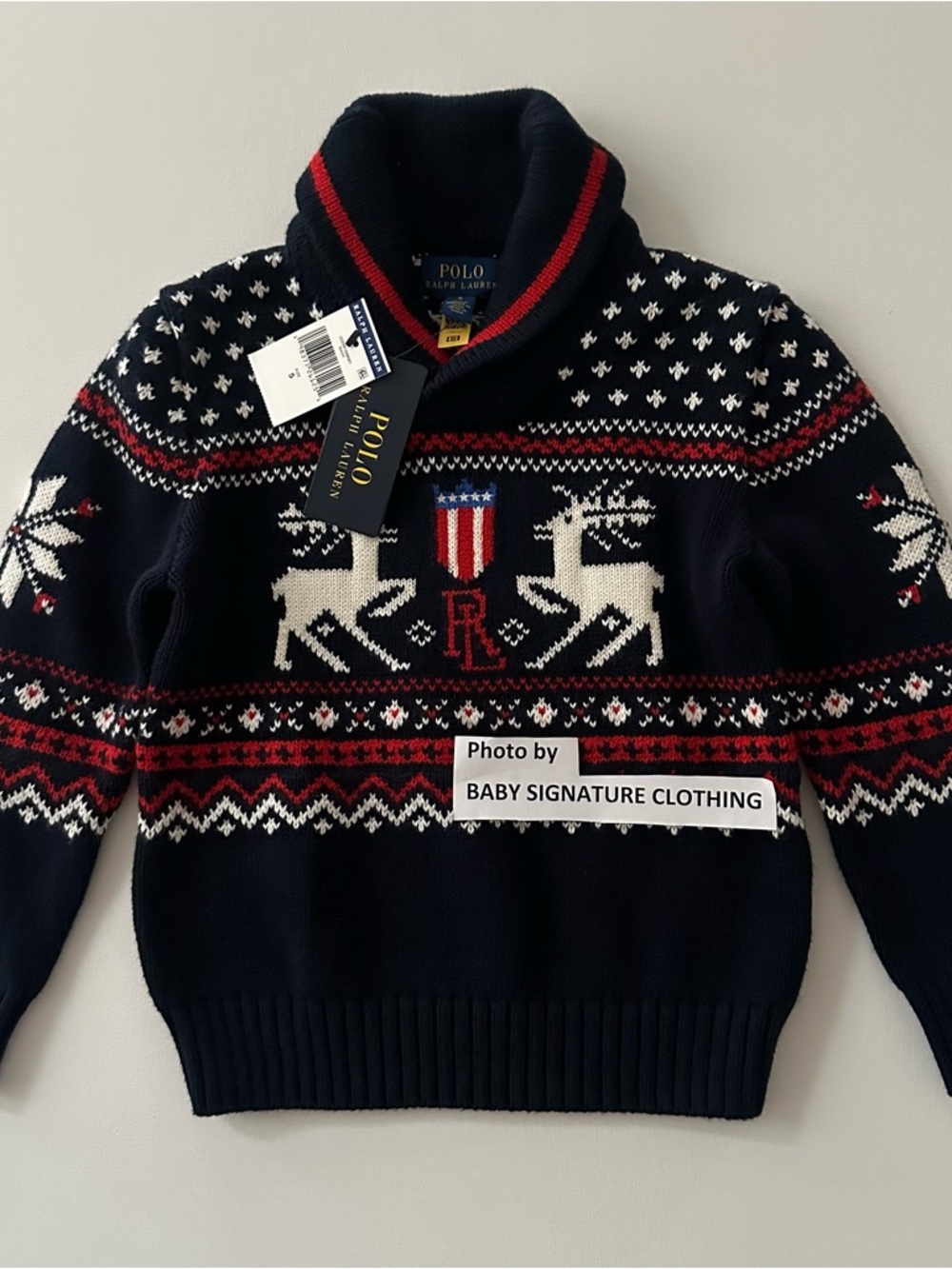 Polo Ralph Lauren Boys 5 Navy Fair Isle Reindeer Shawl-Collar Sweater Christmas